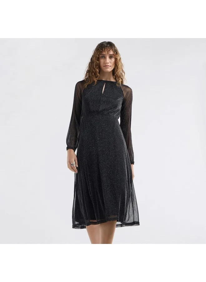 FAV Textured A-line Dress with Keyhole Neck and Long Sleeves