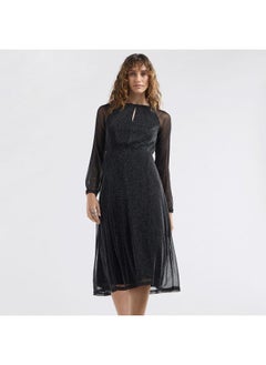 FAV Textured A-line Dress with Keyhole Neck and Long Sleeves  - Image 1