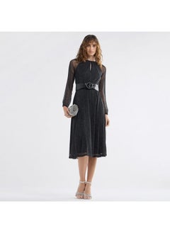 FAV Textured A-line Dress with Keyhole Neck and Long Sleeves  - Image 2
