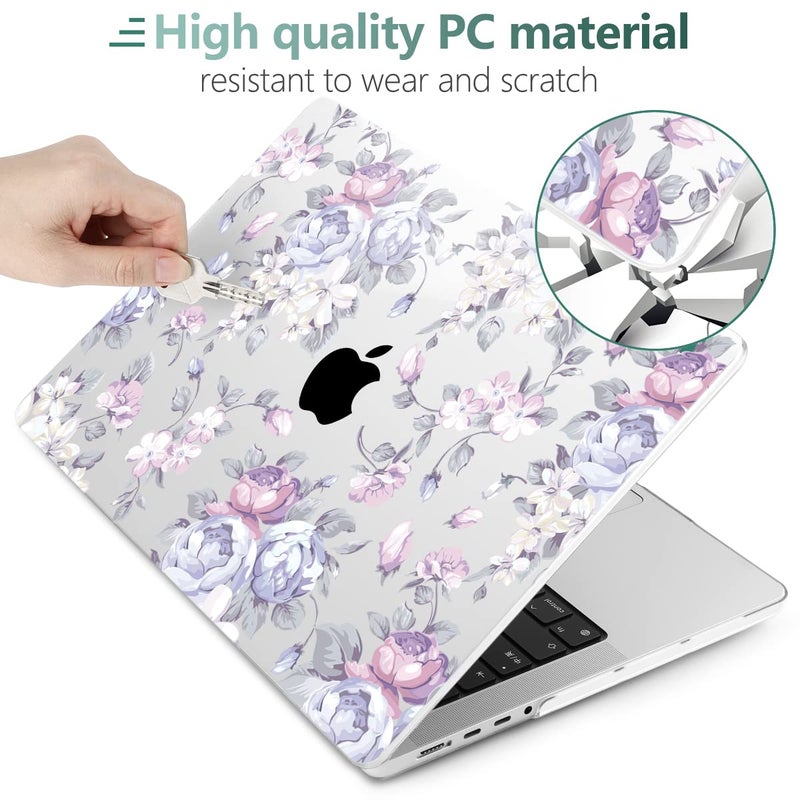 Twolskoo For Macbook Pro 14 Inch Case 2023 2022 2021 Release M3 A2918 A2992 A2779 M2 A2442 M1 Pro Max Chip Plastic Hard Shell & Keyboard Cover & Trackpad Film & Screen Protector Purple Peony - Image 3