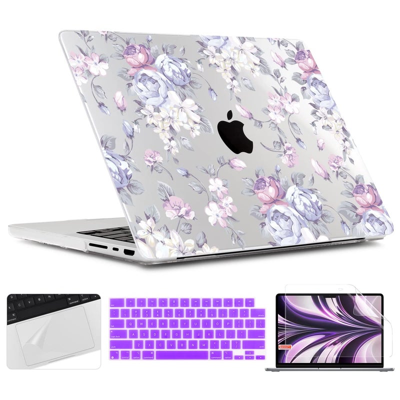 Twolskoo For Macbook Pro 14 Inch Case 2023 2022 2021 Release M3 A2918 A2992 A2779 M2 A2442 M1 Pro Max Chip Plastic Hard Shell & Keyboard Cover & Trackpad Film & Screen Protector Purple Peony - Image 1