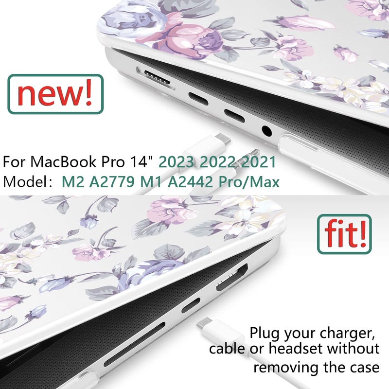 Twolskoo For Macbook Pro 14 Inch Case 2023 2022 2021 Release M3 A2918 A2992 A2779 M2 A2442 M1 Pro Max Chip Plastic Hard Shell & Keyboard Cover & Trackpad Film & Screen Protector Purple Peony - Image 2