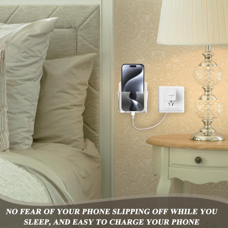 Niuohoy Wall Mounted Phone Holder, Clear Phone Stand Self Adhesive with Charging Hole Compatible with iPhone and Android Smartphone Cradle Bedside Organizer Remote Control Stand for Home Office 2-Pack - Image 5