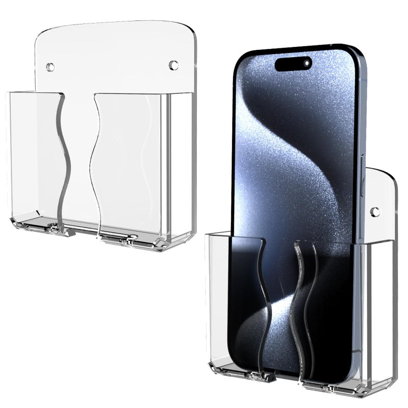 Niuohoy Wall Mounted Phone Holder, Clear Phone Stand Self Adhesive with Charging Hole Compatible with iPhone and Android Smartphone Cradle Bedside Organizer Remote Control Stand for Home Office 2-Pack - Image 1