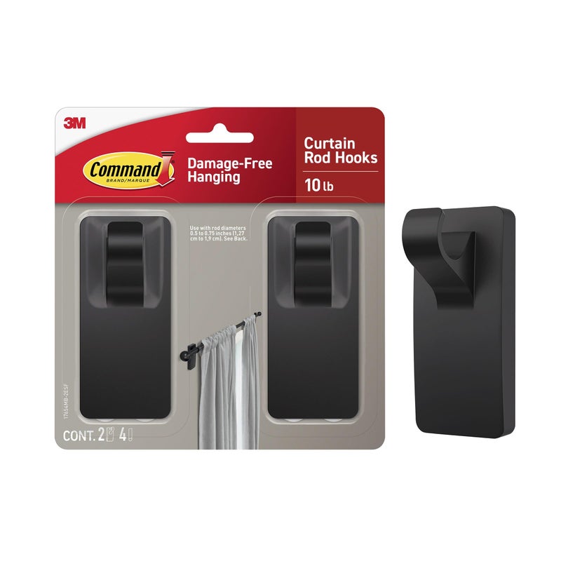 Command 10 lb Matte Black Curtain Rod Hooks, 2 Hooks and 4 Strips, No Drilling Home Decor and Room Decor, Use with Rod Diameters 0.5-0.75" - Image 1