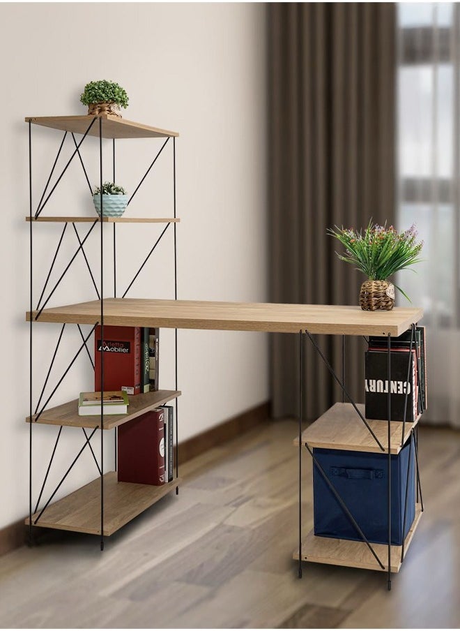 Cady One Office table with wooden side shelves, office shelving unit with a modern and elegant design, wooden office shelves in a stepped and open shape, a shelf library with enough space to organize books and various items, equipped with a strong, stable and heavy-duty base 121*137*61 cm  - Image 1