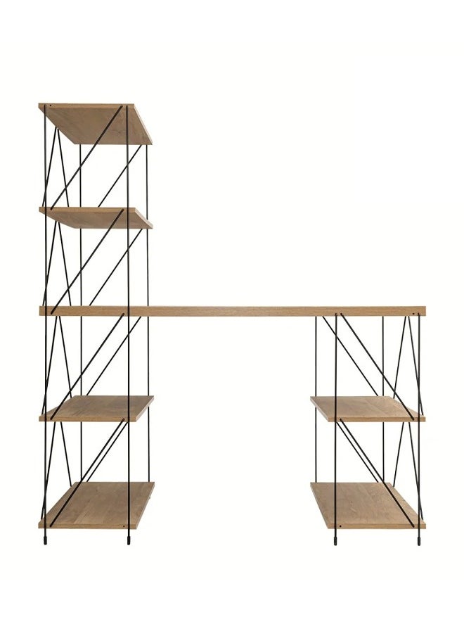 Cady One Office table with wooden side shelves, office shelving unit with a modern and elegant design, wooden office shelves in a stepped and open shape, a shelf library with enough space to organize books and various items, equipped with a strong, stable and heavy-duty base 121*137*61 cm  - Image 2