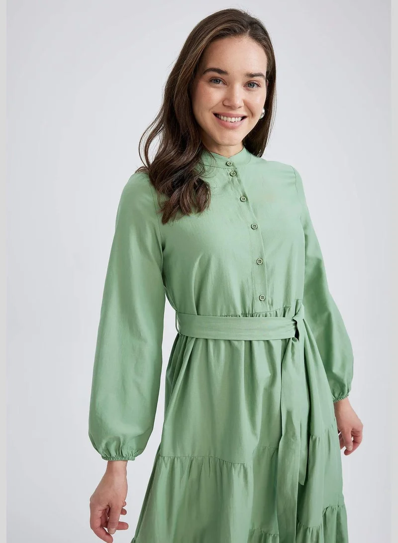 DeFacto Woman Tıered C Neck Long Sleeve Woven Dress