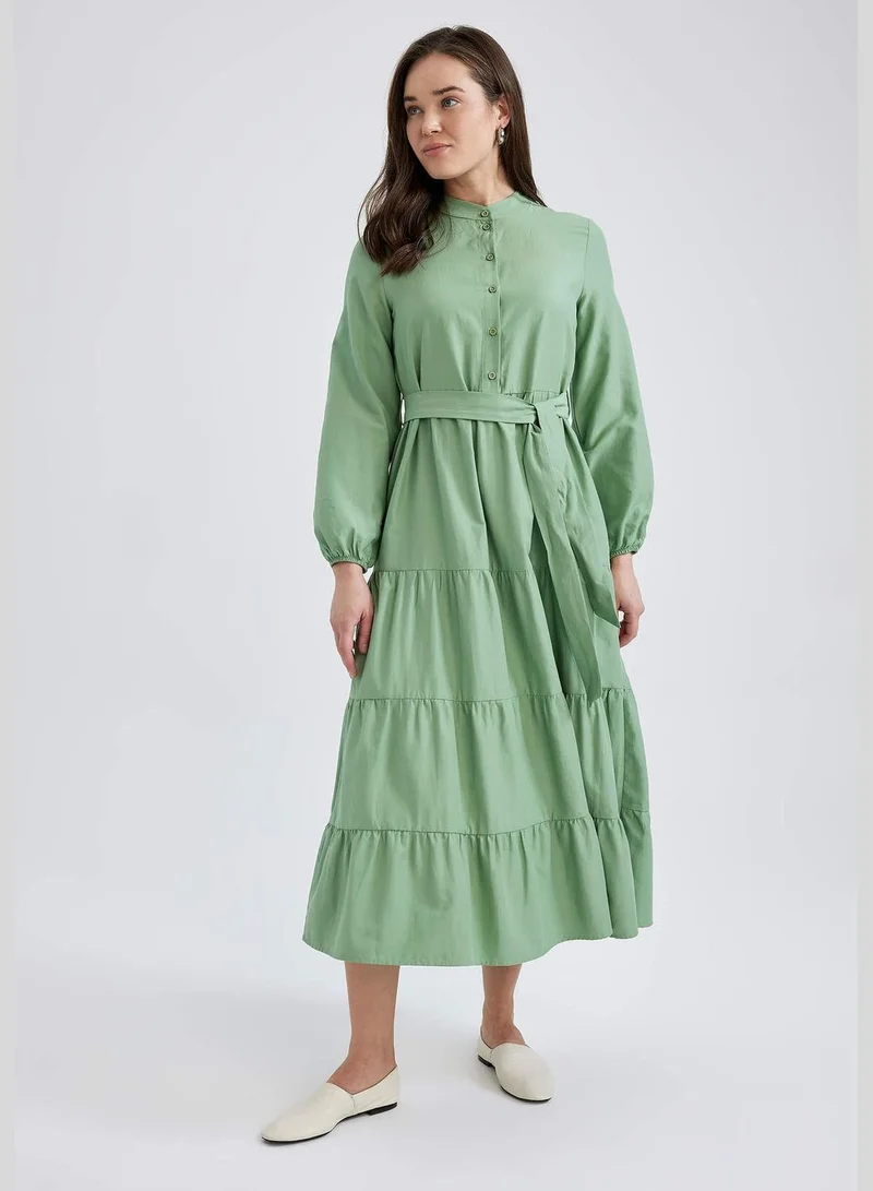 DeFacto Woman Tıered C Neck Long Sleeve Woven Dress