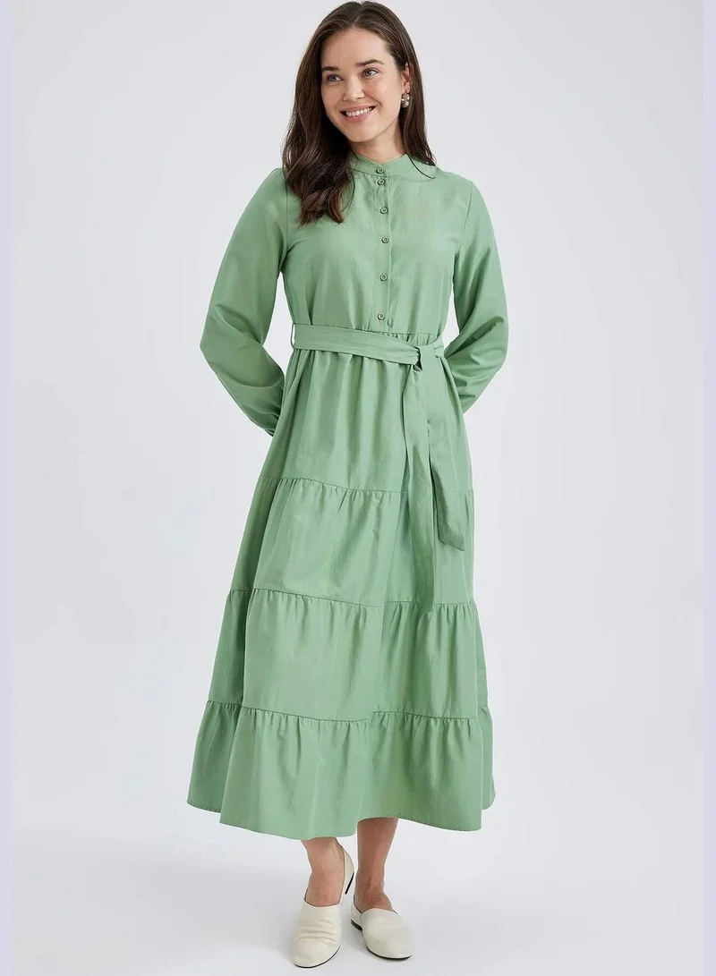 DeFacto Woman Tıered C Neck Long Sleeve Woven Dress