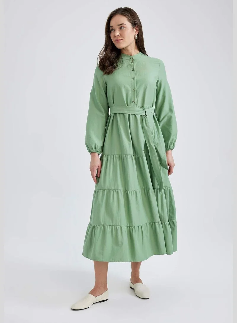 DeFacto Woman Tıered C Neck Long Sleeve Woven Dress