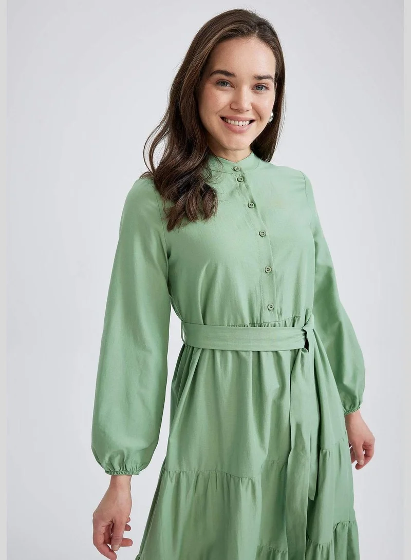 DeFacto Woman Tıered C Neck Long Sleeve Woven Dress