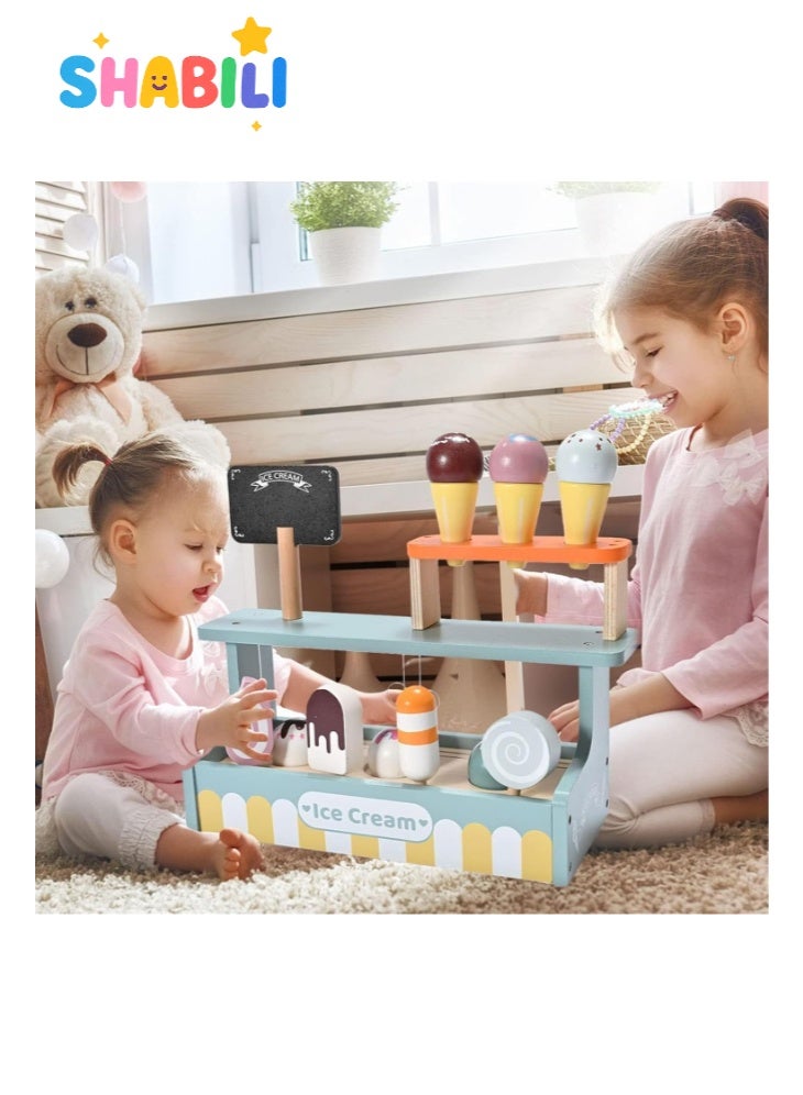 SHABILI Wooden Ice Cream Toy Set with Magnetic Scoops, Wood Play Food Counter for Toddlers Ages 3+ in Pretend Play Kitchen, Perfect Gift for Boys and Girls for Birthday or Christmas at Home or Classroom - Image 2