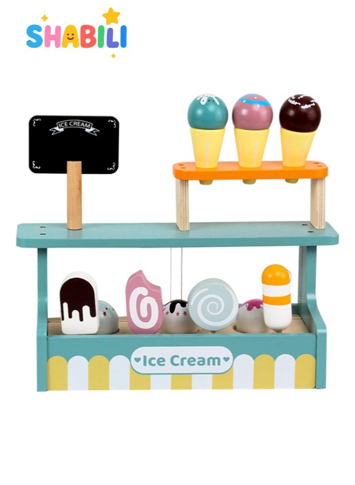 SHABILI Wooden Ice Cream Toy Set with Magnetic Scoops, Wood Play Food Counter for Toddlers Ages 3+ in Pretend Play Kitchen, Perfect Gift for Boys and Girls for Birthday or Christmas at Home or Classroom - Image 1