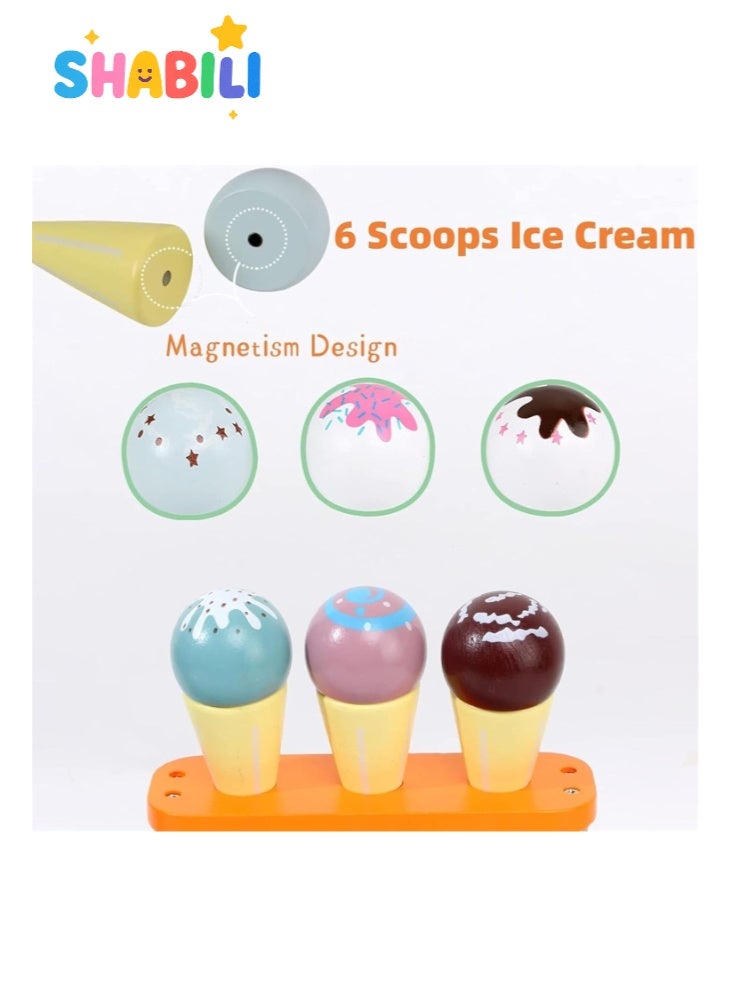 SHABILI Wooden Ice Cream Toy Set with Magnetic Scoops, Wood Play Food Counter for Toddlers Ages 3+ in Pretend Play Kitchen, Perfect Gift for Boys and Girls for Birthday or Christmas at Home or Classroom - Image 4