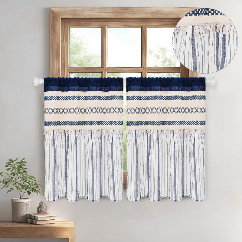 FRAMICS Farmhouse Linen Kitchen Curtains 36 Inch Length Blue Striped Short Curtain for Windows Boho Crochet Small Window Curtains for Kitchen Rod Pocket Tier Curtain for Bathroom, Cafe, 2 Panels - Image 2