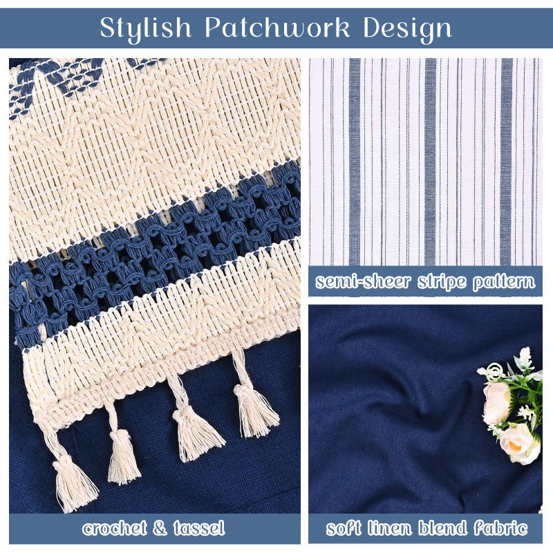 FRAMICS Farmhouse Linen Kitchen Curtains 36 Inch Length Blue Striped Short Curtain for Windows Boho Crochet Small Window Curtains for Kitchen Rod Pocket Tier Curtain for Bathroom, Cafe, 2 Panels - Image 3