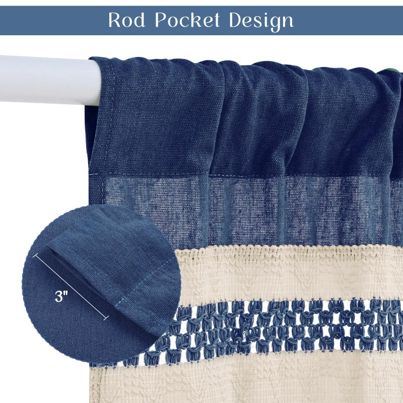 FRAMICS Farmhouse Linen Kitchen Curtains 36 Inch Length Blue Striped Short Curtain for Windows Boho Crochet Small Window Curtains for Kitchen Rod Pocket Tier Curtain for Bathroom, Cafe, 2 Panels - Image 4