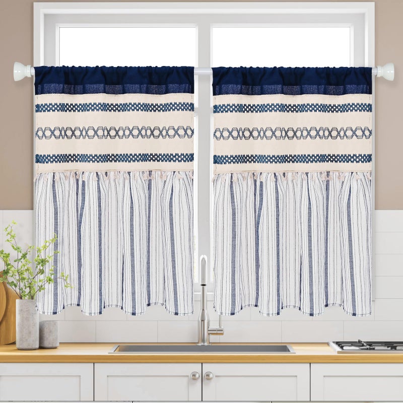 FRAMICS Farmhouse Linen Kitchen Curtains 36 Inch Length Blue Striped Short Curtain for Windows Boho Crochet Small Window Curtains for Kitchen Rod Pocket Tier Curtain for Bathroom, Cafe, 2 Panels - Image 1