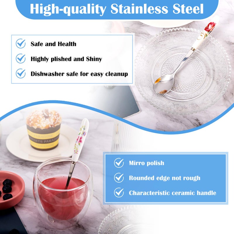 Loppdece 12Pcs Floral Stainless Steel Spoons with Ceramic Handle, Ice Cream & Dessert Spoons, Silverware Set (12 Floral Patterns) - Image 4