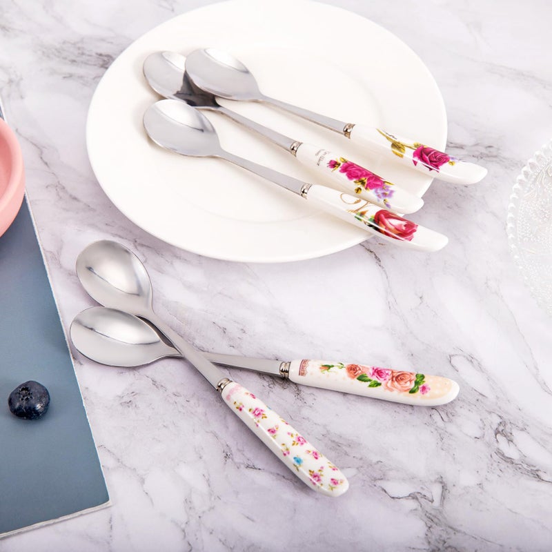 Loppdece 12Pcs Floral Stainless Steel Spoons with Ceramic Handle, Ice Cream & Dessert Spoons, Silverware Set (12 Floral Patterns) - Image 5