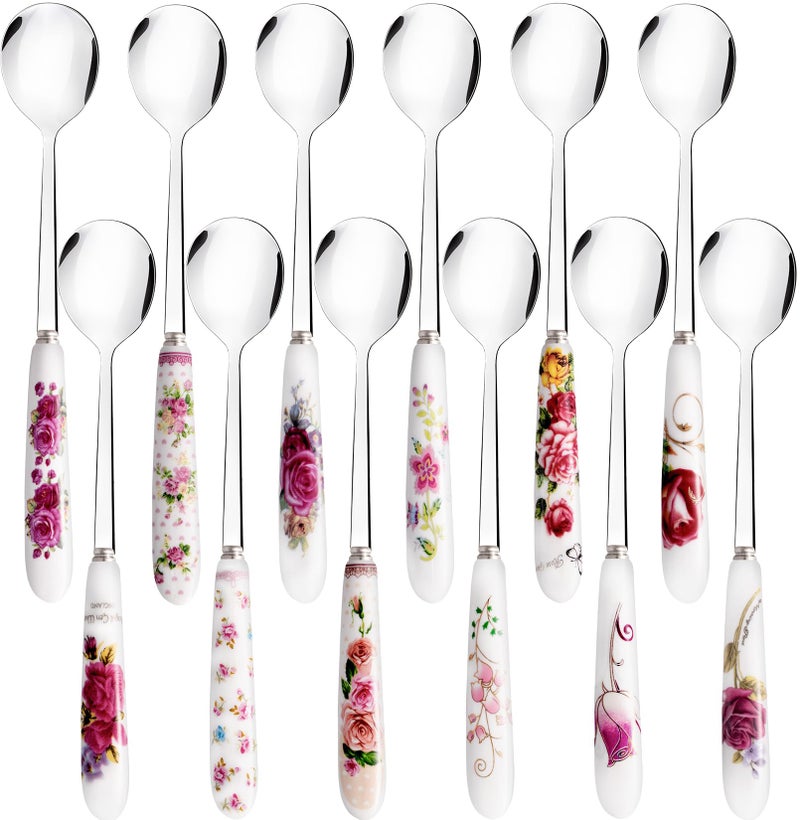 Loppdece 12Pcs Floral Stainless Steel Spoons with Ceramic Handle, Ice Cream & Dessert Spoons, Silverware Set (12 Floral Patterns) - Image 1