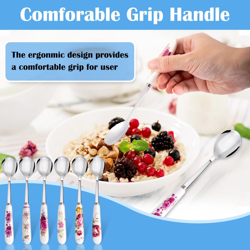 Loppdece 12Pcs Floral Stainless Steel Spoons with Ceramic Handle, Ice Cream & Dessert Spoons, Silverware Set (12 Floral Patterns) - Image 3