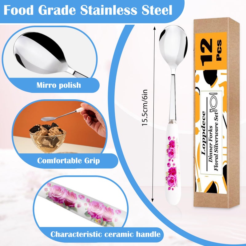 Loppdece 12Pcs Floral Stainless Steel Spoons with Ceramic Handle, Ice Cream & Dessert Spoons, Silverware Set (12 Floral Patterns) - Image 2
