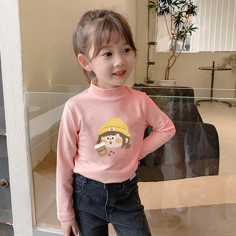 Girls' Velvet Warm T-Shirt Base Shirt Children'S Half-High Collar Long-Sleeved T-Shirt Skin-Friendly Inner Top Trendy - Image 1