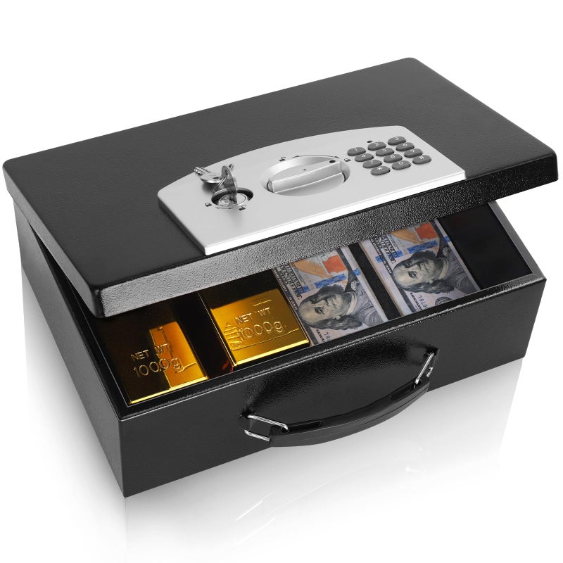 Dalmbox Portable Metal Safe Box with Digital Code Lock,Fire Resistant Storage for Documents, Fireproof Safe Box, Car, Home, Office and Outside, Black Boxï¼Œ Medium - Image 1