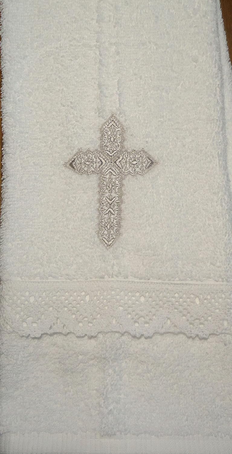 Integrity Designs Baby Baptism Towel with Cross Embroidery and Lace - Image 1