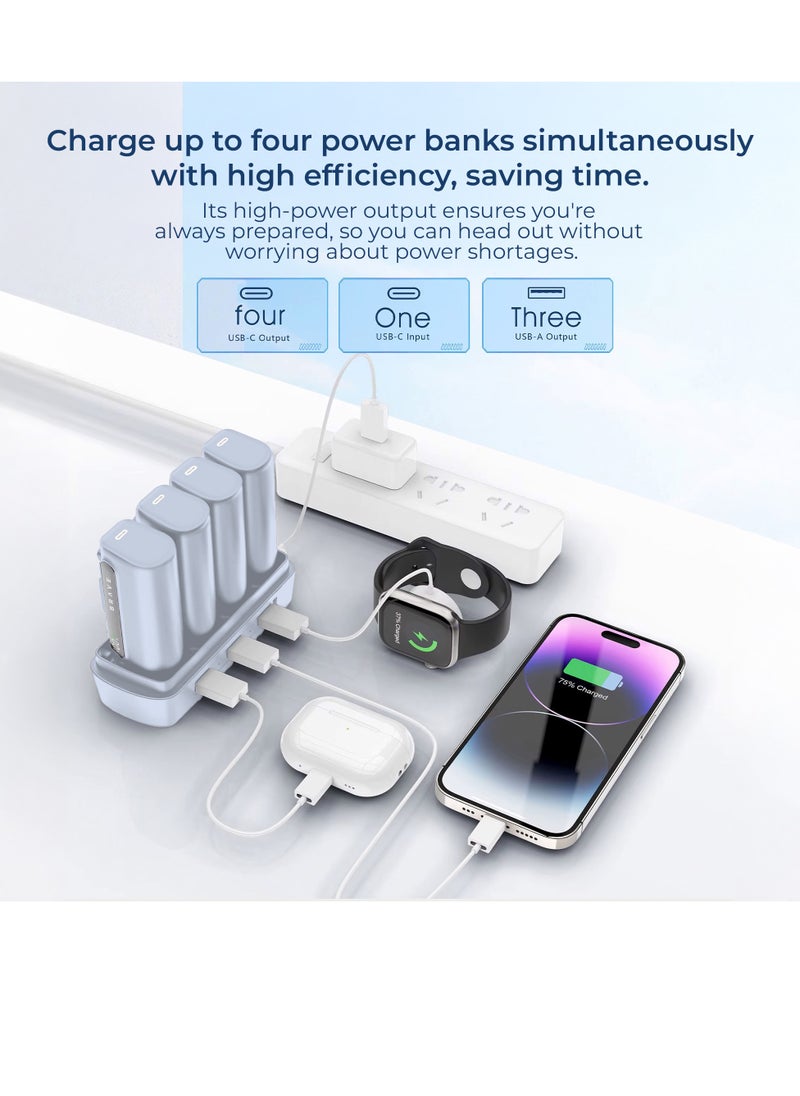Compact Power Bank 4-in-1 with Charging Station, 4-Pack 5000mAh External Battery Pack, LED Display, Built-in Type-C & Lightning Connectors, 22.5W USB-C Portable Charger, Fast Charging for iPhone 16/15/14/13/12, Samsung S24/S23/S22, iPad Pro, AirPods Pro, Ideal for Home, Office, Cafe, Hotel, Restaurant, Travel & More (Blue)