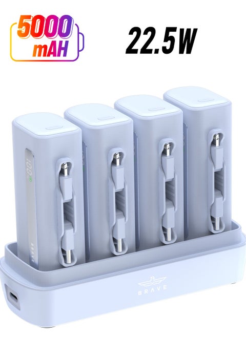 Compact Power Bank 4-in-1 with Charging Station, 4-Pack 5000mAh External Battery Pack, LED Display, Built-in Type-C & Lightning Connectors, 22.5W USB-C Portable Charger, Fast Charging for iPhone 16/15/14/13/12, Samsung S24/S23/S22, iPad Pro, AirPods Pro, Ideal for Home, Office, Cafe, Hotel, Restaurant, Travel & More (Blue)