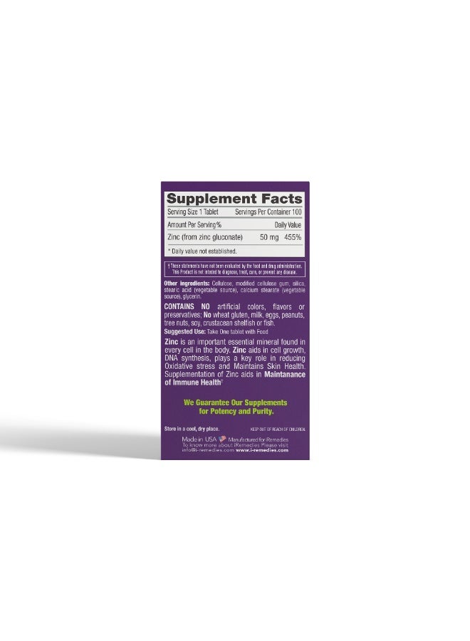 iRemedies iZinc 50mg – High-Strength Zinc Supplement for Immune Support, Skin Health, and Antioxidant Benefits – 100 Tablets - Image 4