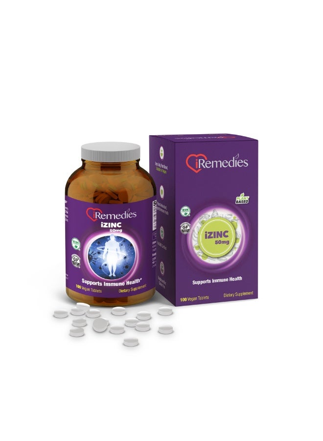 iRemedies iZinc 50mg – High-Strength Zinc Supplement for Immune Support, Skin Health, and Antioxidant Benefits – 100 Tablets - Image 1