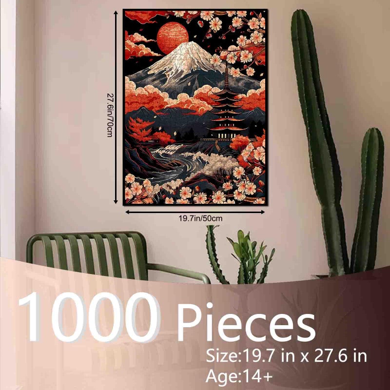Tucocoo Japanese Mount Fuji Cherry Blossoms Jigsaw Puzzles for Adults 1000 Pieces,Red Sky Clouds Puzzle Art 20 x 27 Inch Colorful DIY Puzzles for Home Decoration,Perfect for Family Game Nights Gift Idea - Image 2
