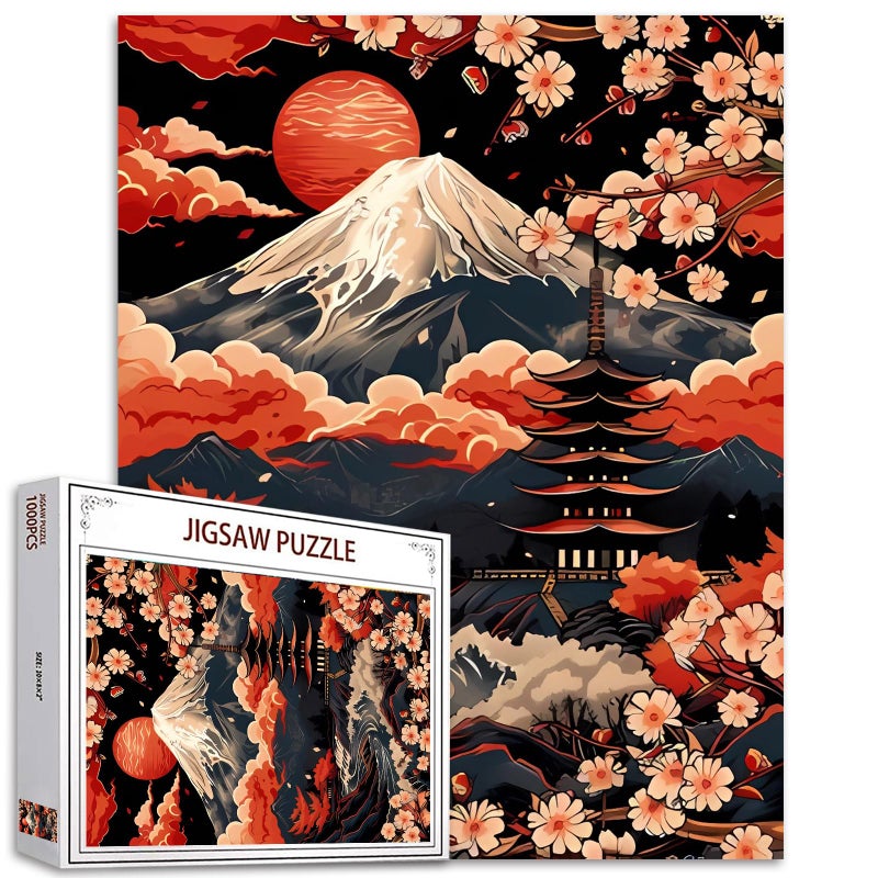 Tucocoo Japanese Mount Fuji Cherry Blossoms Jigsaw Puzzles for Adults 1000 Pieces,Red Sky Clouds Puzzle Art 20 x 27 Inch Colorful DIY Puzzles for Home Decoration,Perfect for Family Game Nights Gift Idea - Image 1