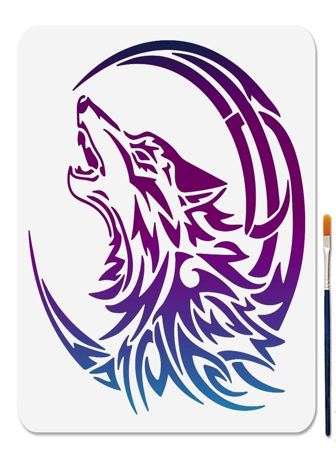 MAYJOYDIY Wolf Moon Stencil 11.8x11.8inch with Paint Brush - Howling Wolf Stencil for Wood Wall Window DIY Craft Home Decor - Image 1
