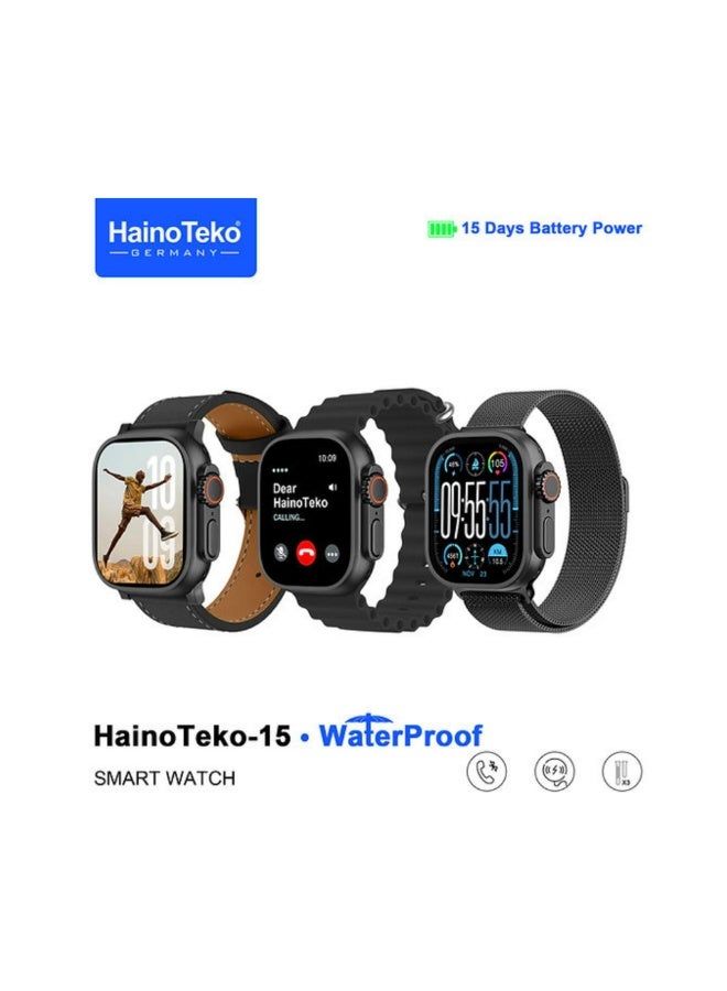 Haino Teko -15 Ultra 2 Waterproof Smart Watch With Full Screen AMOLED Display 3 Pairs of Straps and Charging Cable Designed for Ladies and Gents - Black - Image 2