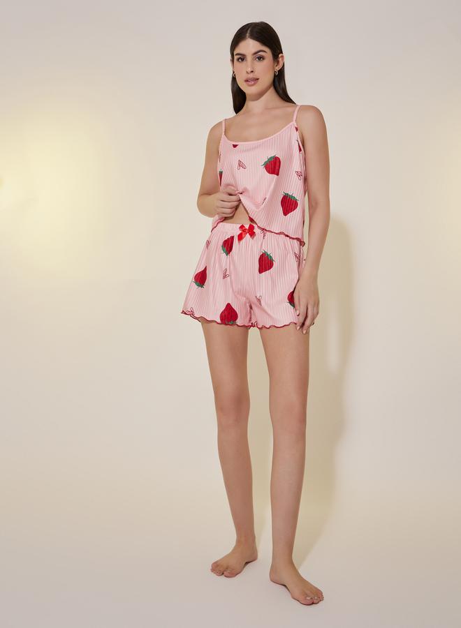 Take Two Strawberry Print Cami Top and Pyjama Shorts Set - Image 1