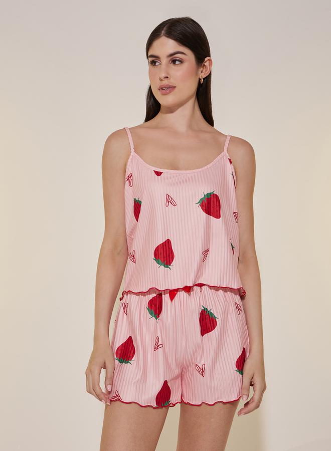 Take Two Strawberry Print Cami Top and Pyjama Shorts Set - Image 2