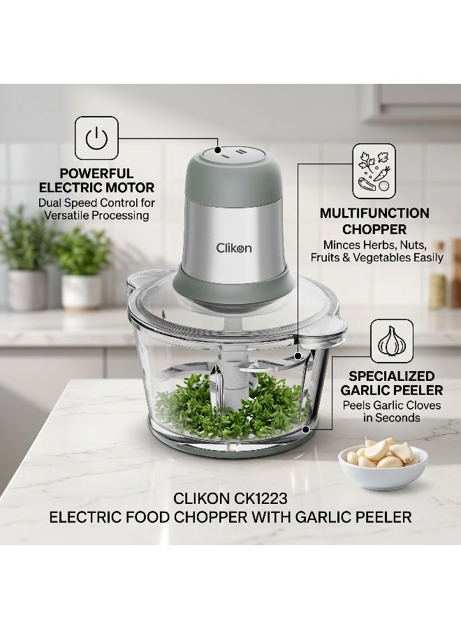 Clikon Glass Chopper | 2.0L Capacity | 300W Power | Garlic Peeler | Convenient Food Preparation | 2-Year Warranty | CK1223 | Silver 300 W CK1223 silver - Image 3