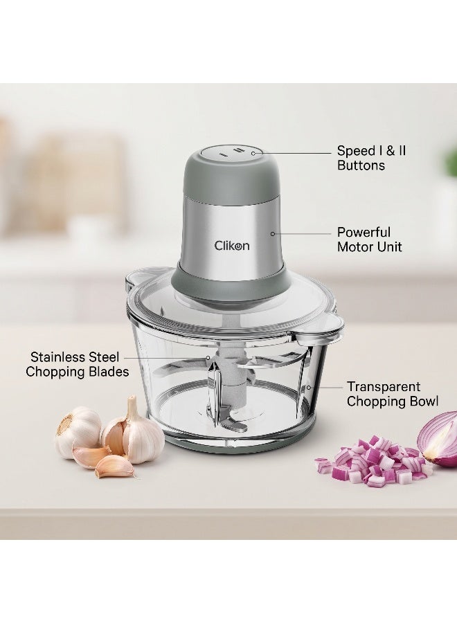 Clikon Glass Chopper | 2.0L Capacity | 300W Power | Garlic Peeler | Convenient Food Preparation | 2-Year Warranty | CK1223 | Silver 300 W CK1223 silver - Image 2