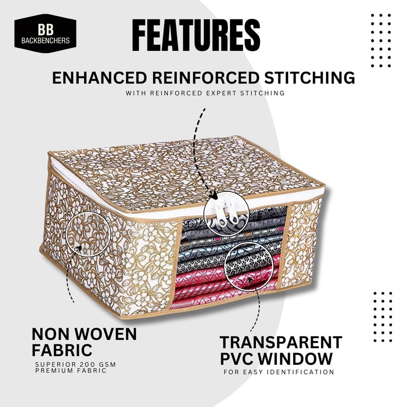 BB BACKBENCHERS Pack Of 3 Printed Non Woven Fabric Saree CoverClothes Organiser For Wardrobe Set with Transparent Window And Zip For Lehenga Suit Dress Accessories Brown - Image 2