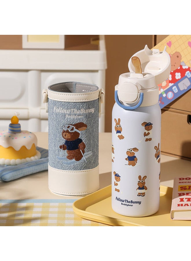 Beddybear Wave Double Drink Insulated Bottle With Cup Sleeve And Straw, Large Capacity 500ml Student Water Bottle, Holiday Bunny Edition - Image 1