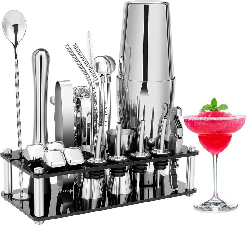 KINGROW Cocktail Shaker Set, 23-Piece Boston Stainless Steel Bartender Kit with Acrylic Stand & Cocktail Recipes Booklet, Professional Bar Tools for Drink Mixing, Home, Bar, Party (Include 4 Whiskey Stones) - Image 1