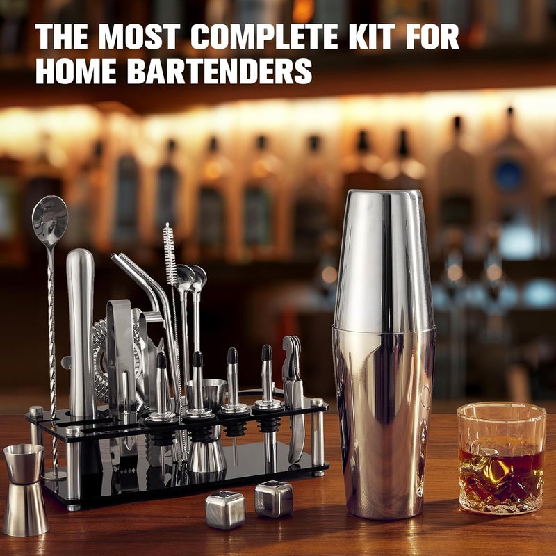 KINGROW Cocktail Shaker Set, 23-Piece Boston Stainless Steel Bartender Kit with Acrylic Stand & Cocktail Recipes Booklet, Professional Bar Tools for Drink Mixing, Home, Bar, Party (Include 4 Whiskey Stones) - Image 2