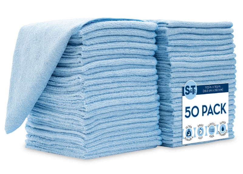 S&T INC. ST INC 50 Pack Microfiber Cleaning Cloth Bulk Towels for Home Reusable Microfiber Towels for Cars Cleaning Rags Light Blue 115 Inches x 115 Inches 50 Count