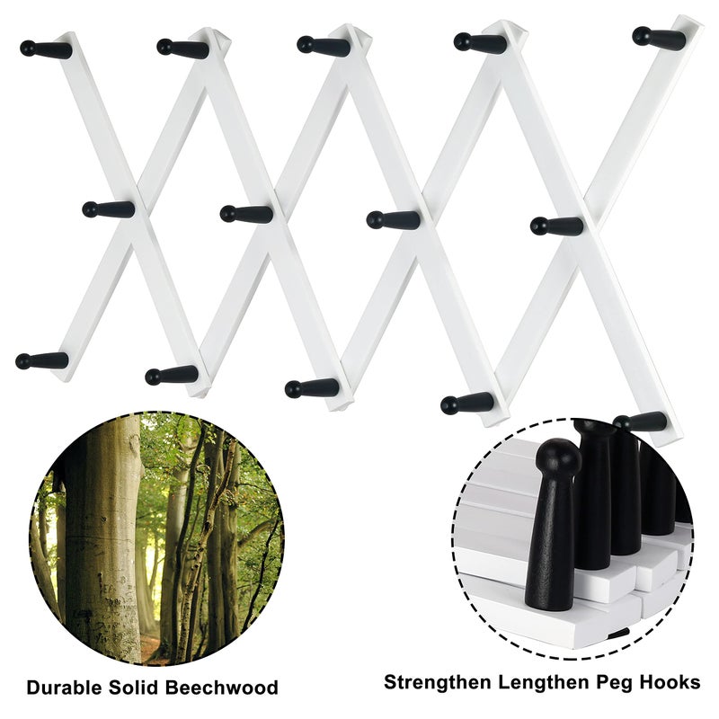 Dseap Accordian Wall Hanger: 16â€ High Wooden Wall Expandable Coat Rack, Hat Rack Holder, Accordion Hook for Baseball Caps, Coats, Mugs, 14 Peg Hooks, White & Black - Image 5