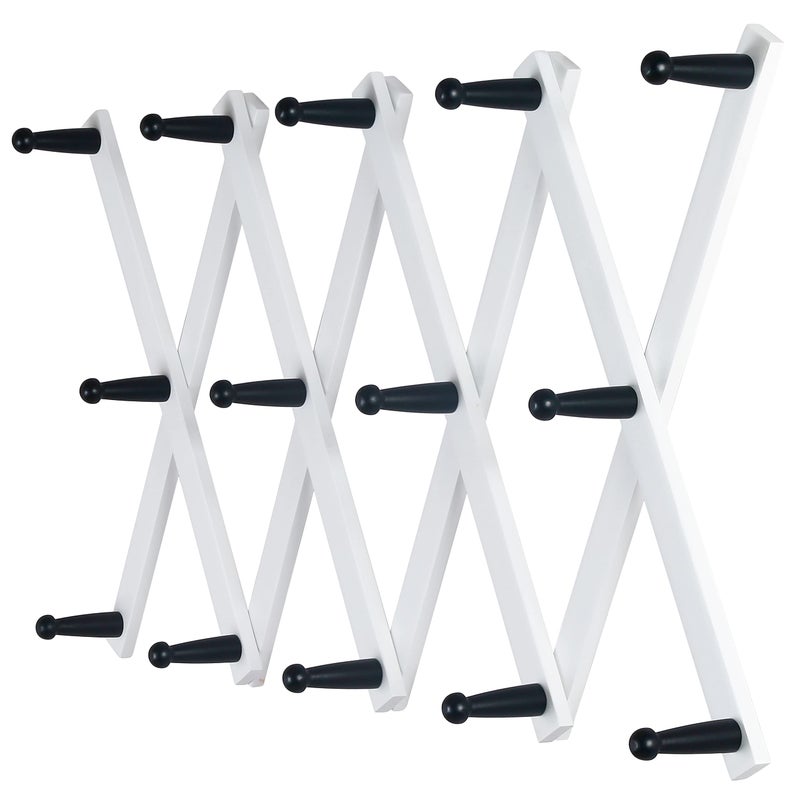 Dseap Accordian Wall Hanger: 16â€ High Wooden Wall Expandable Coat Rack, Hat Rack Holder, Accordion Hook for Baseball Caps, Coats, Mugs, 14 Peg Hooks, White & Black - Image 1